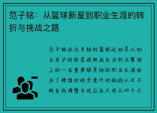 范子铭：从篮球新星到职业生涯的转折与挑战之路